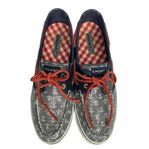 Womens Sperry Top-Sider Boat Shoes Nautical Red White Blue Anchors Sequins Sz 9 - Picture 7 of 10